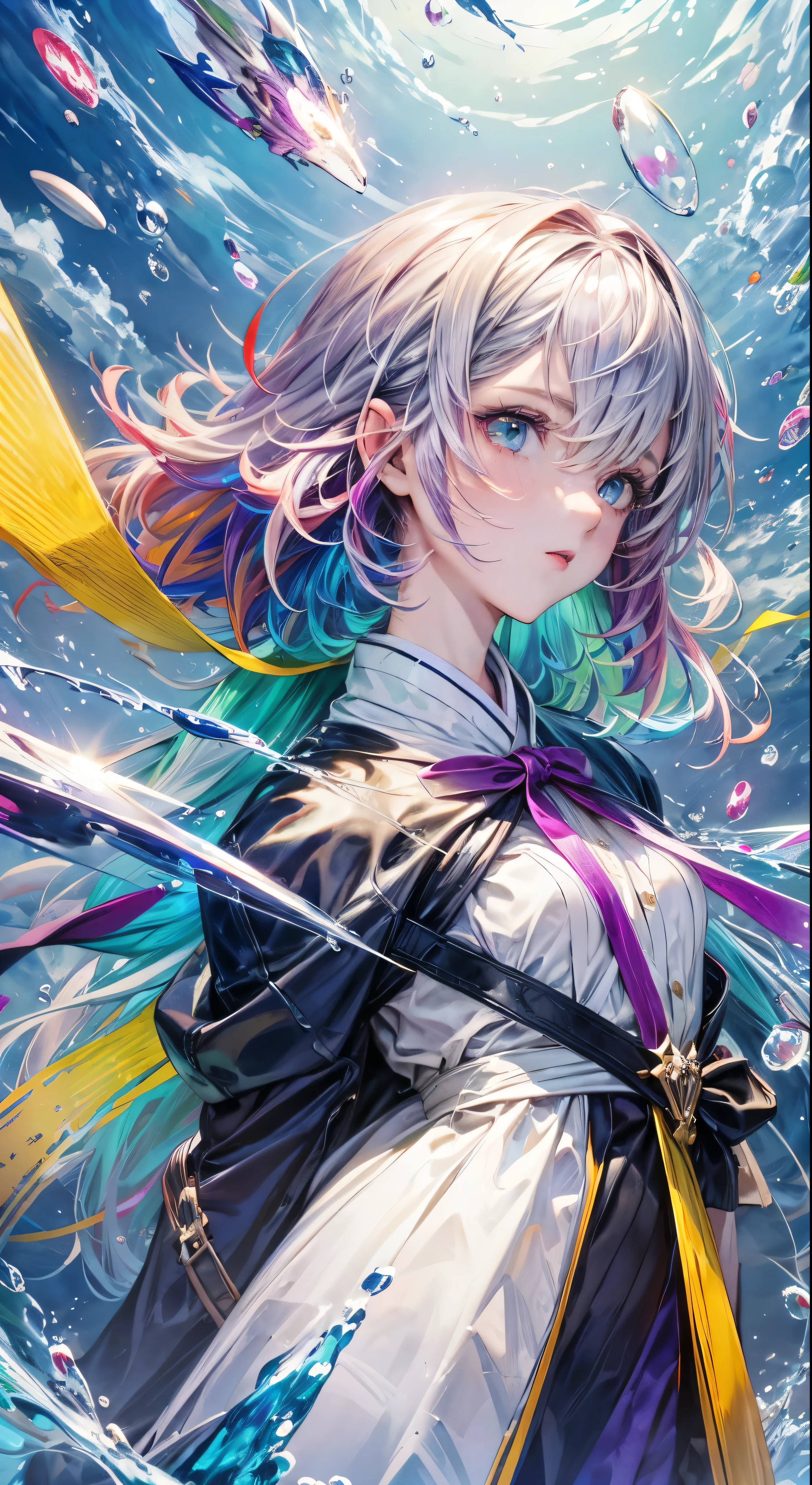 1.5),(1 girl),(dynamic pose),(multicolored hair+silver hair:1.3+red hair:1.2+purple hair+yellow hair:1.3+green hair:1.3),(blue eyes),(neck ribbon),(floating),(cloud),(too many drops of water),(twilight),(watercolor),(wide shot)