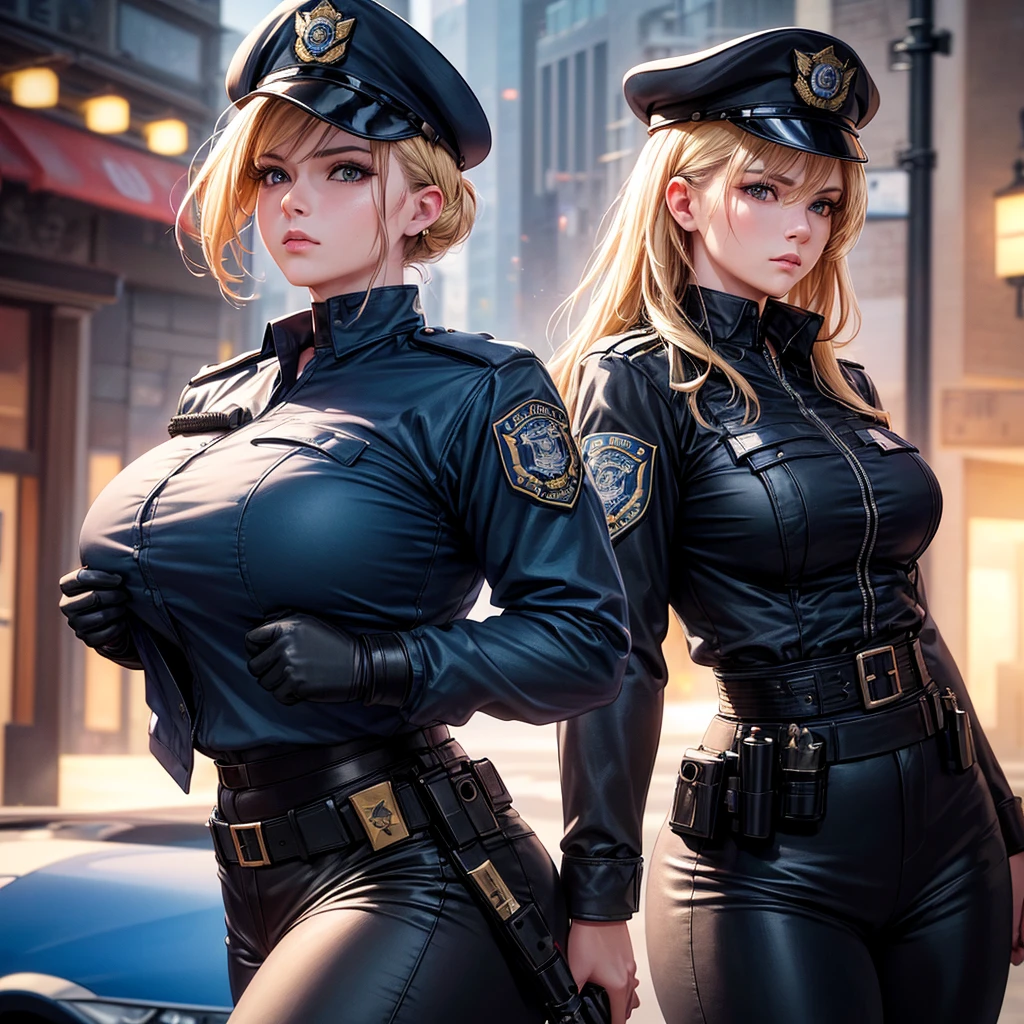 a realistic police woman, police uniform, black pants, police blue uniform with police emblems, military police beret, tactical combat boots, police belt, holding a pistol, blonde hair in military bun, serious expression looking at camera, on a street, (voluptuous bust 1.6), perfect body, (voluptuous hips 2.6), (best quality,4k,8k,highres,masterpiece:1.2),ultra-detailed,(realistic,photorealistic,photo-realistic:1.37),HDR,UHD,studio lighting,ultra-fine painting,sharp focus,physically-based rendering,extreme detail description,professional,vivid colors,bokeh,photography