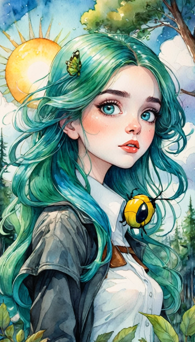 (((beautiful detailed)))(cute face:1.2)1girl, Girl riding a beetle , ,masterpiece, best quality, ultra detailed, (Sheila_LaPerna), long hair, turquoise_green hair, Pink detailed eyes, Huge eyes, beautiful, ,Watercolor style, watercolor pencil, paper texture, Blue sky, cumulonimbus clouds, sun, forest, (art inspired by Bill Sienkiewicz). oil painting)