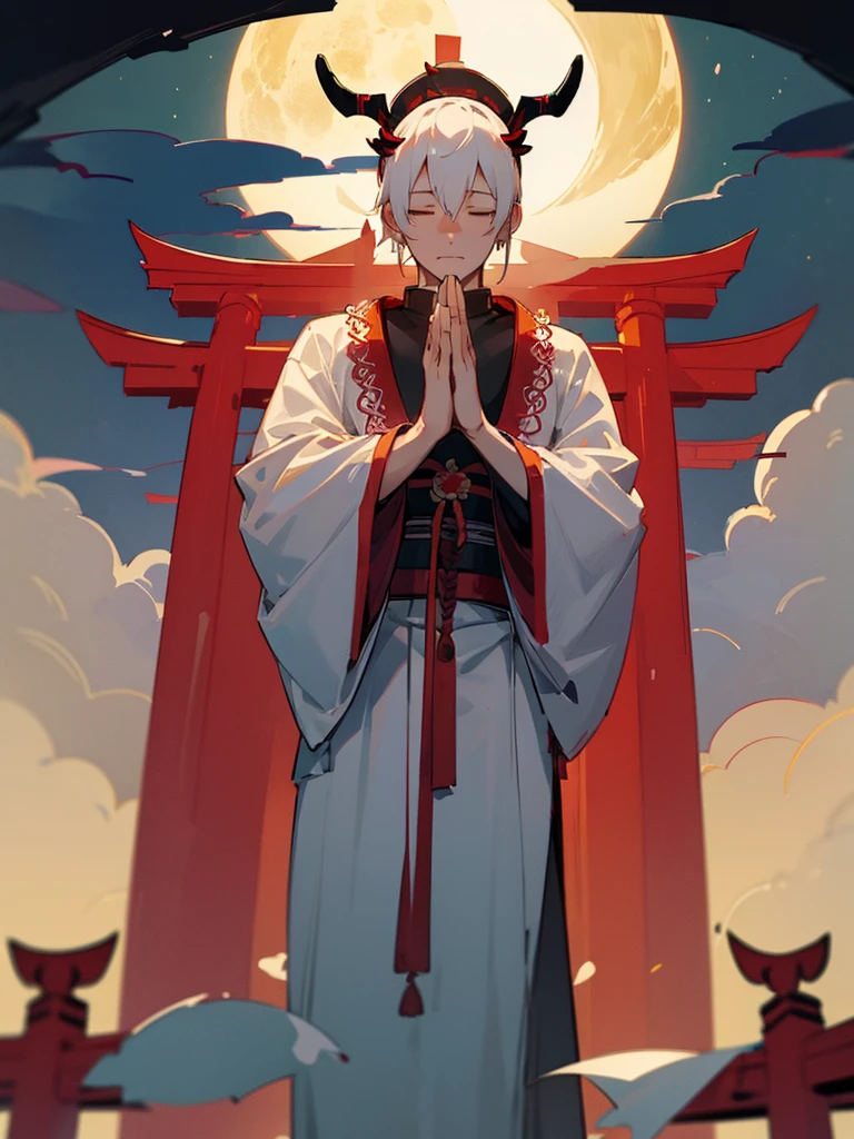 Buddha, horns, white short hair, black armor, torii gate, man, full moon, hands together in prayer, Zen meditation