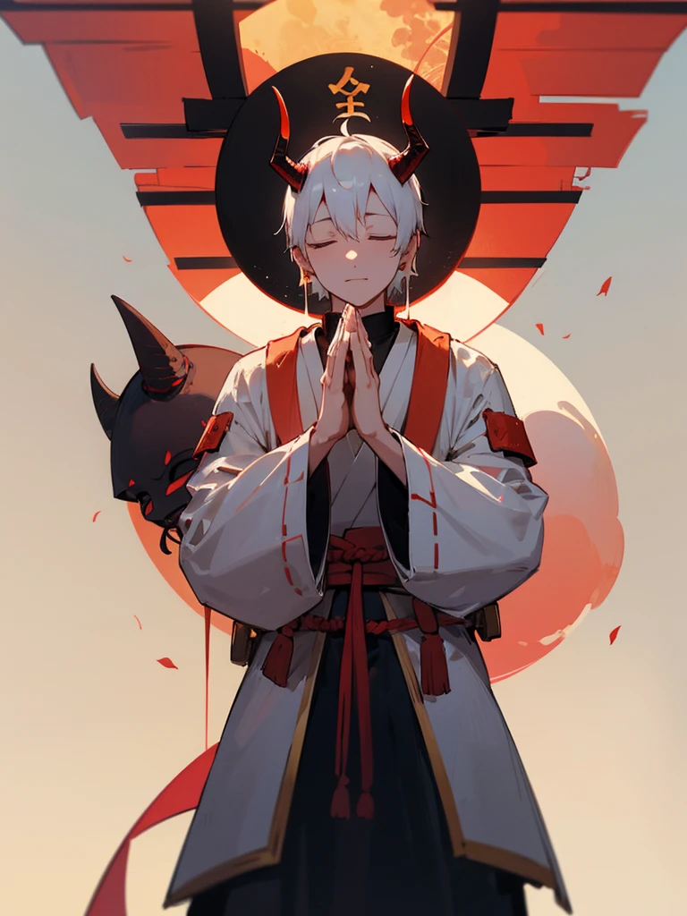 Buddha, horns, white short hair, black armor, torii gate, man, full moon, hands together in prayer, Zen meditation