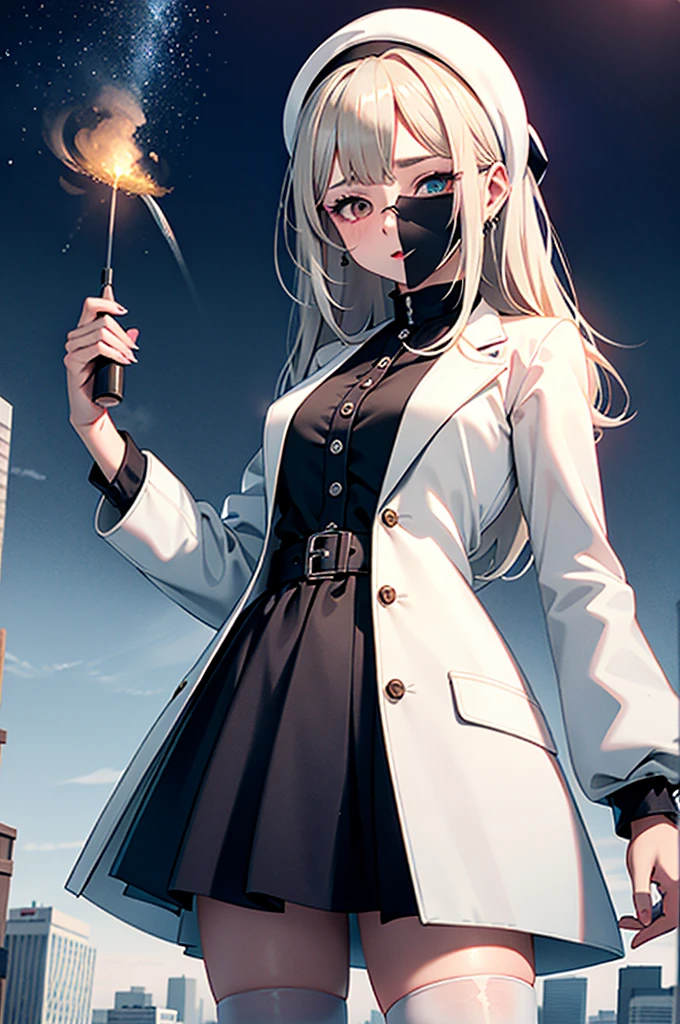 best quality, ultra high res, 1girl, lab coat, white button shirt, black stocking, black skirt, nun, black veil, heterochromia, hairpin, silver hair, cute, (Kpop idol), (aegyo sal:0), (platinum blonde hair:1), ((puffy eyes)), looking at viewer, full body, facing side, elegant, galaxy, blue sky, sword,platuim blonde hair