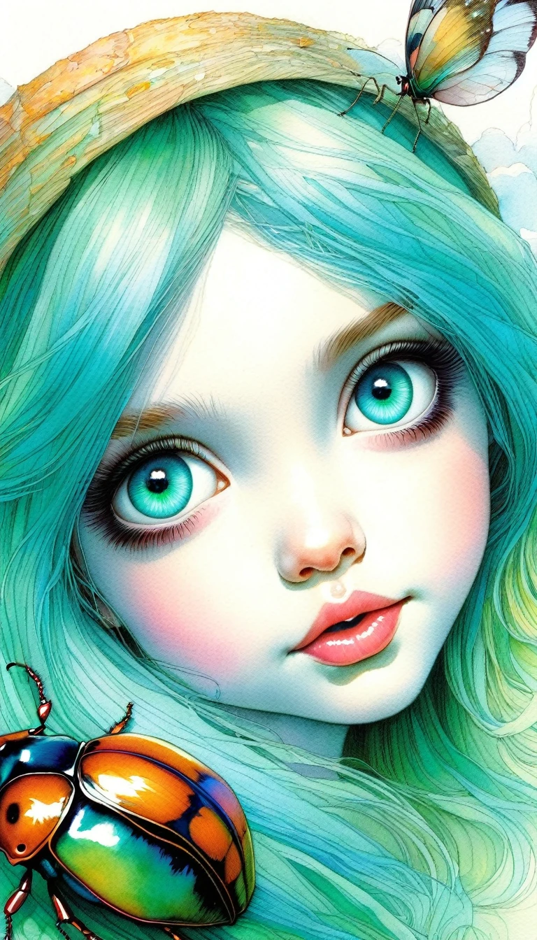 (((beautiful detailed)))(cute face:1.2)1girl, Girl riding a beetle , ,masterpiece, best quality, ultra detailed, (Sheila_LaPerna), long hair, turquoise_green hair, Pink detailed eyes, Huge eyes, beautiful, ,Watercolor style, watercolor pencil, paper texture, Blue sky, cumulonimbus clouds, sun, forest, (art inspired by Bill Sienkiewicz). oil painting)