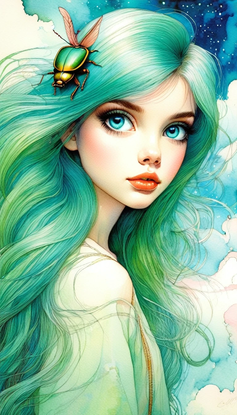 (((beautiful detailed)))(cute face:1.2)1girl, Girl riding a beetle , ,masterpiece, best quality, ultra detailed, (Sheila_LaPerna), long hair, turquoise_green hair, Pink detailed eyes, Huge eyes, beautiful, ,Watercolor style, watercolor pencil, paper texture, Blue sky, cumulonimbus clouds, sun, forest, (art inspired by Bill Sienkiewicz). oil painting)