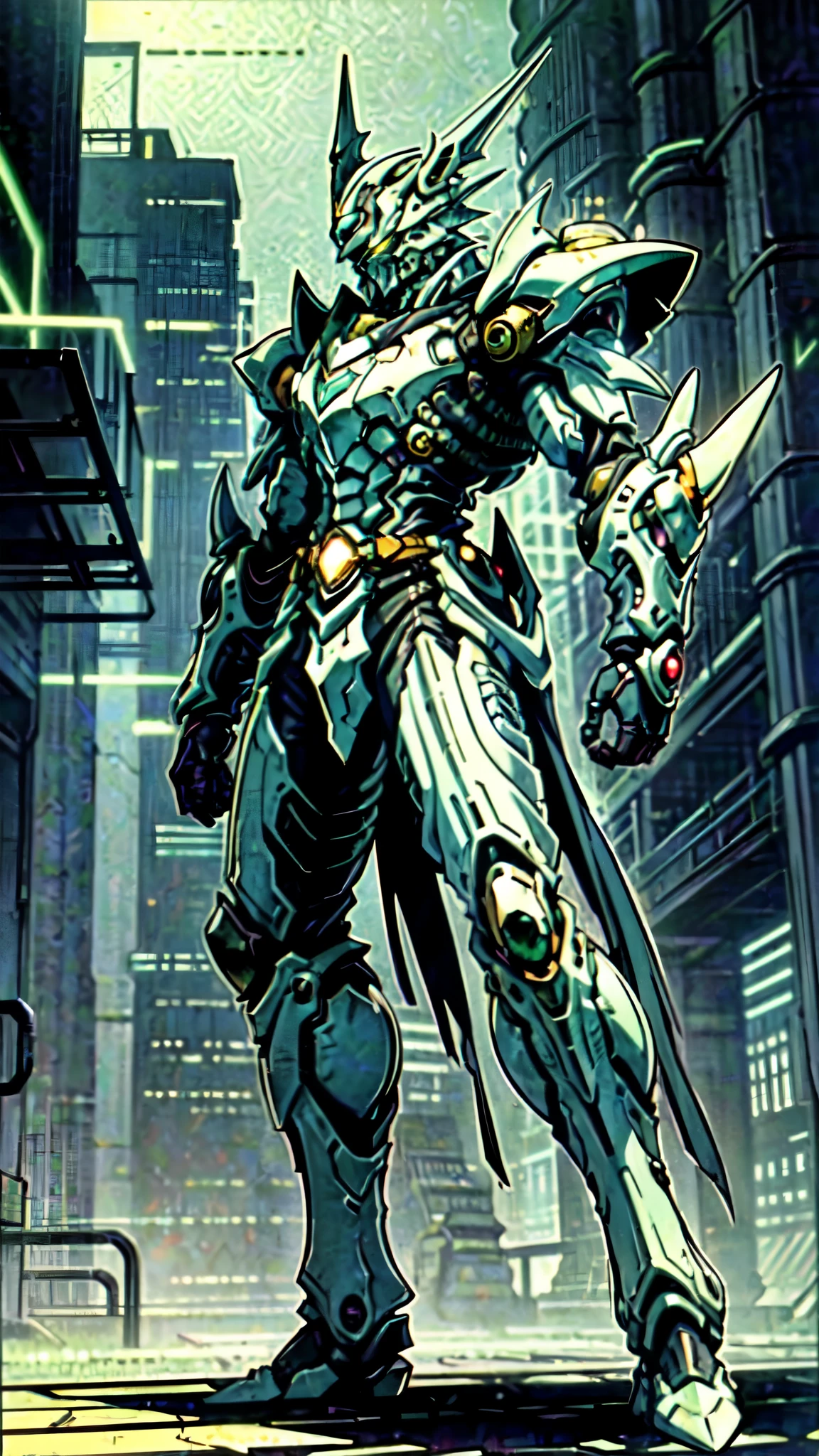 (masterpiece:1.5, best quality:1.5, extremely delicate:1.5, foreshortening:1.5, dynamic angle:1.5), a man wearing a full-face helmet, a fantasy-style biotech armored combat suit, green eyes, (a composite layered chest armor), fully enclosed shoulder guards, matching arm and leg guards, the belt is adorned with neon circuitry, (the color scheme is primarily black with green white accents), the design balances heavy with agility, a high-tech bio-mecha armor, (Armor Concept Inspired by neon Cyberpunk, stand on the top of a skyscraper in a futuristic sci-fi city), this character embodies a finely crafted fantasy-surreal style armored hero in anime style, exquisite and mature manga art style, (element, plasma, energy, the armor glows), ((male:1.5)), metallic, high definition, highres, ultra-detailed, ultra-fine painting, professional, perfect body proportions, golden ratio, anatomically correct, symmetrical face, extremely detailed eyes and face, high quality eyes, creativity, RAW photo, UHD, 32k, Natural light, cinematic lighting, masterpiece-anatomy-perfect