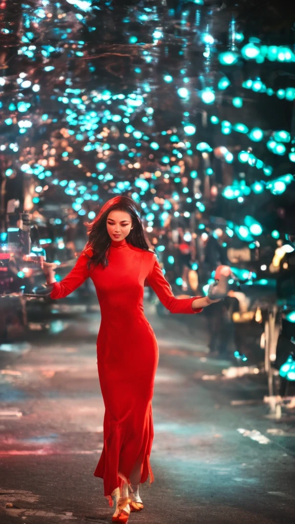 4K Ultra HD, Masterpiece, Highly detailed, a young woman, Cute face, Detailed eyes, long hair, detailed lips, Medium bust, red light on set, red cyberpunk dress, red neon light connected on dress, neon chest, Empty waist, Effect of red electric current, glow effect, Direct-x 2.0 visual effects, High graphics night light, Diffuse light, red light reflection, glare on the road, Spread red lights everywhere., neon light, sit, whole body grip,