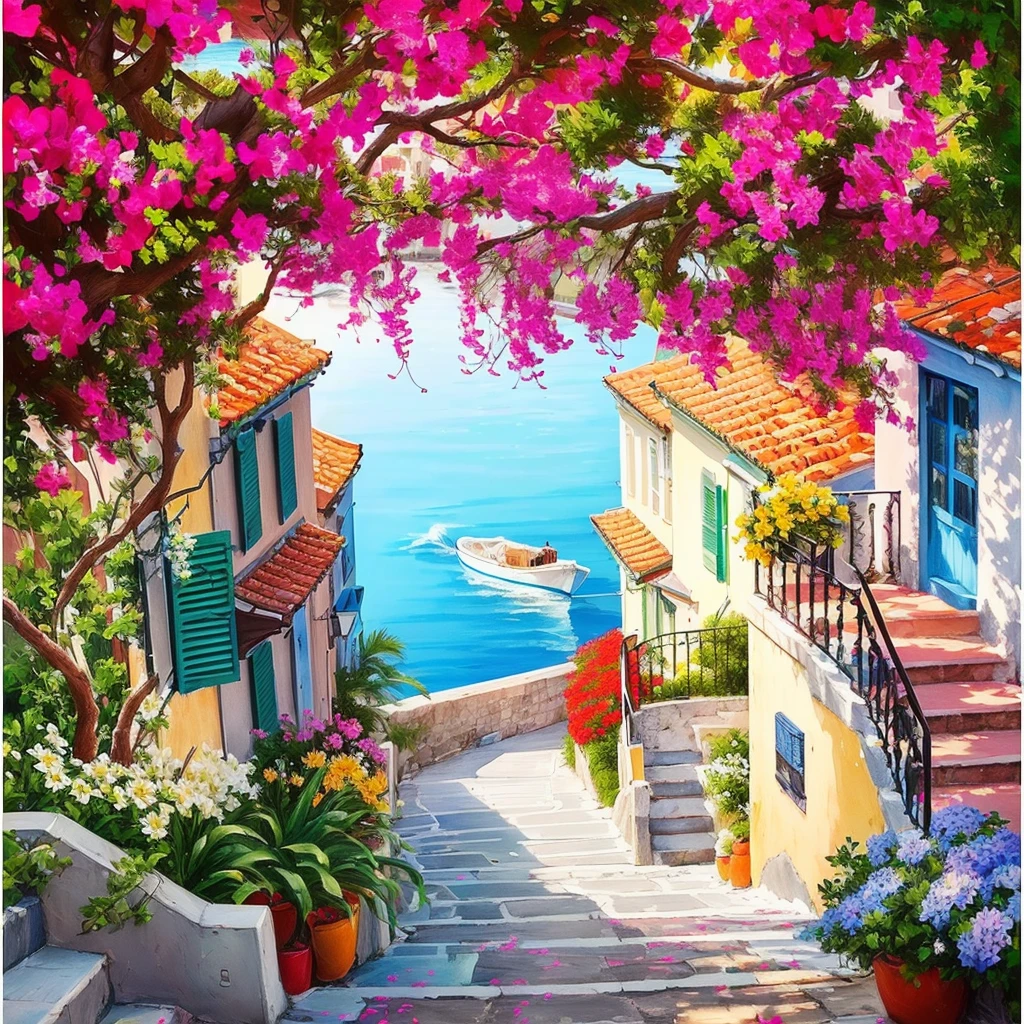 Painting of a street with flowers and a boat in the water, Landscape Art Detail, Summer street near the beach, Landscape Artwork, mediterranean vista, 在mediterranean vista中, mediterranean island scenery, Beautiful city view, Flowers everywhere, The colors are brilliant and rich, Colorful landscape paintings, Beautiful painting, mediterranean vista, Vibrant gouache landscape, Beautiful scenery, Outdoor tropical city view
