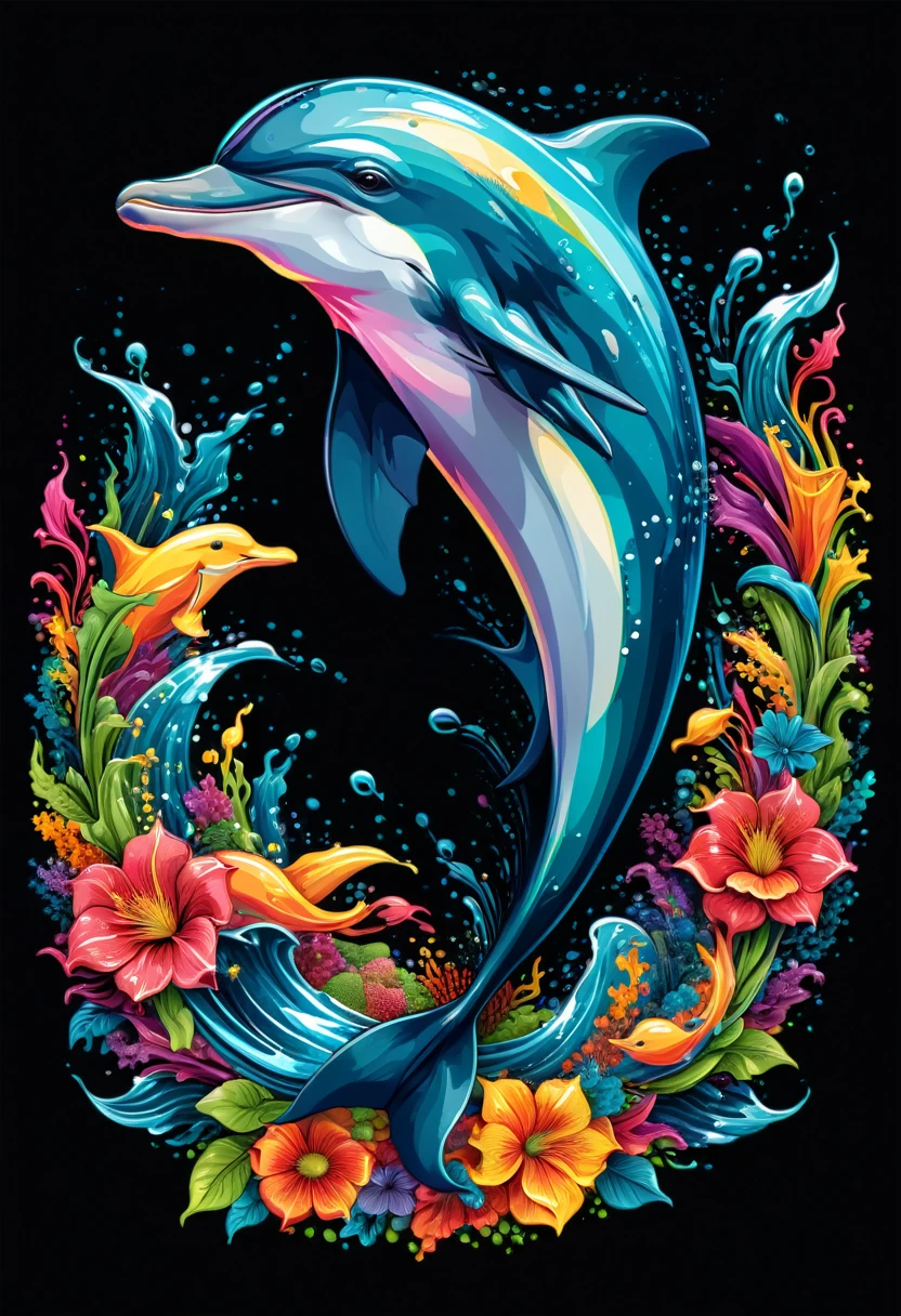 Vector art of a colorful dolphin illustration, high detail, black background
(artwork, best quality, professional, perfect composition, very aesthetic, absurdity, super detailed, intricate details:1.3)