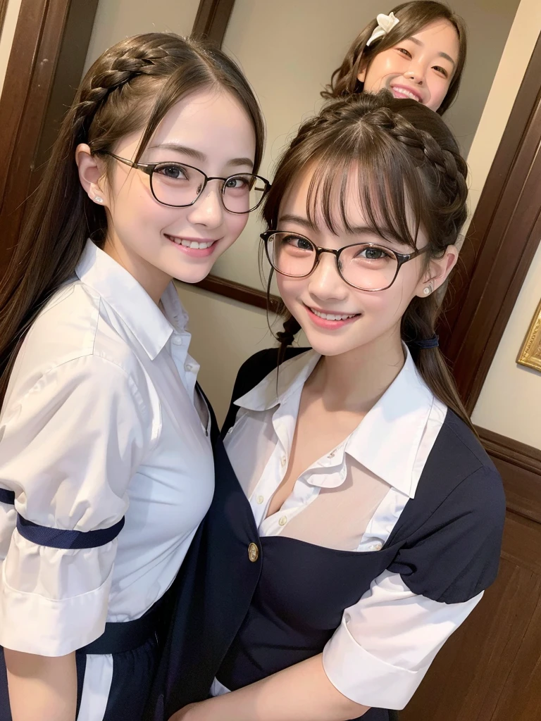 Highest quality、masterpiece、、Very detailed、Realistic、(Two Girls)、(Looking at me with a smile:1.5)、whole body、Small face、(Slender:1.2)、(Big Breasts)、Glasses、(Waitress Uniform)、Braid、Erect nipples、(Anna Miller's uniform:1.2)、apron、(Showing off her panties by holding them with both hands:1.2)