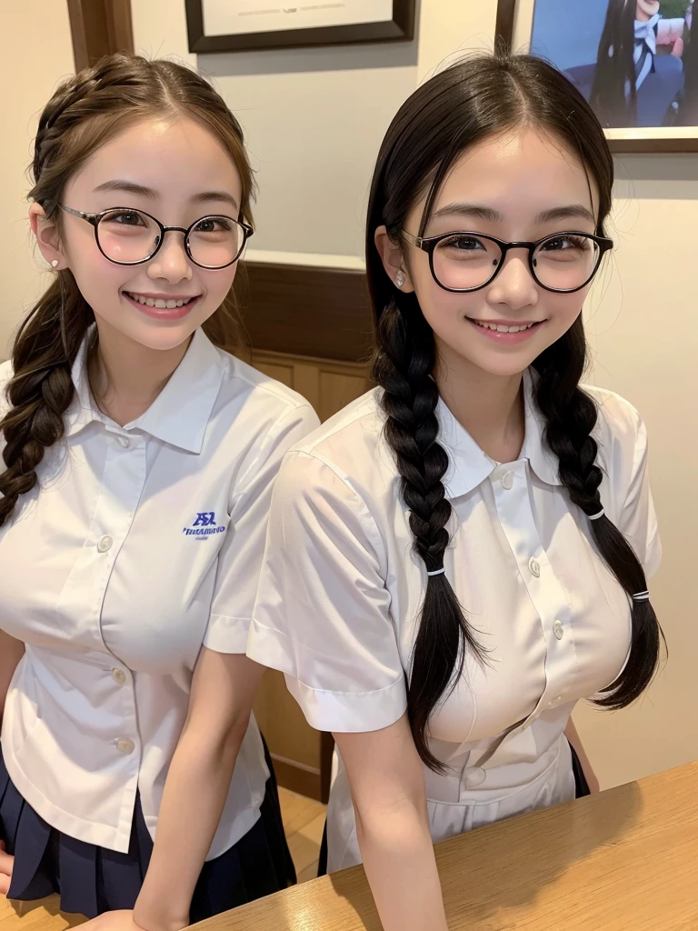 Highest quality、masterpiece、、Very detailed、Realistic、(Two Girls)、(Looking at me with a smile:1.5)、whole body、Small face、(Slender:1.2)、(Big Breasts)、Glasses、(Waitress Uniform)、Braid、Erect nipples、(Anna Miller&#39;s uniform:1.2)、apron、(Showing off her panties by holding them with both hands:1.2)