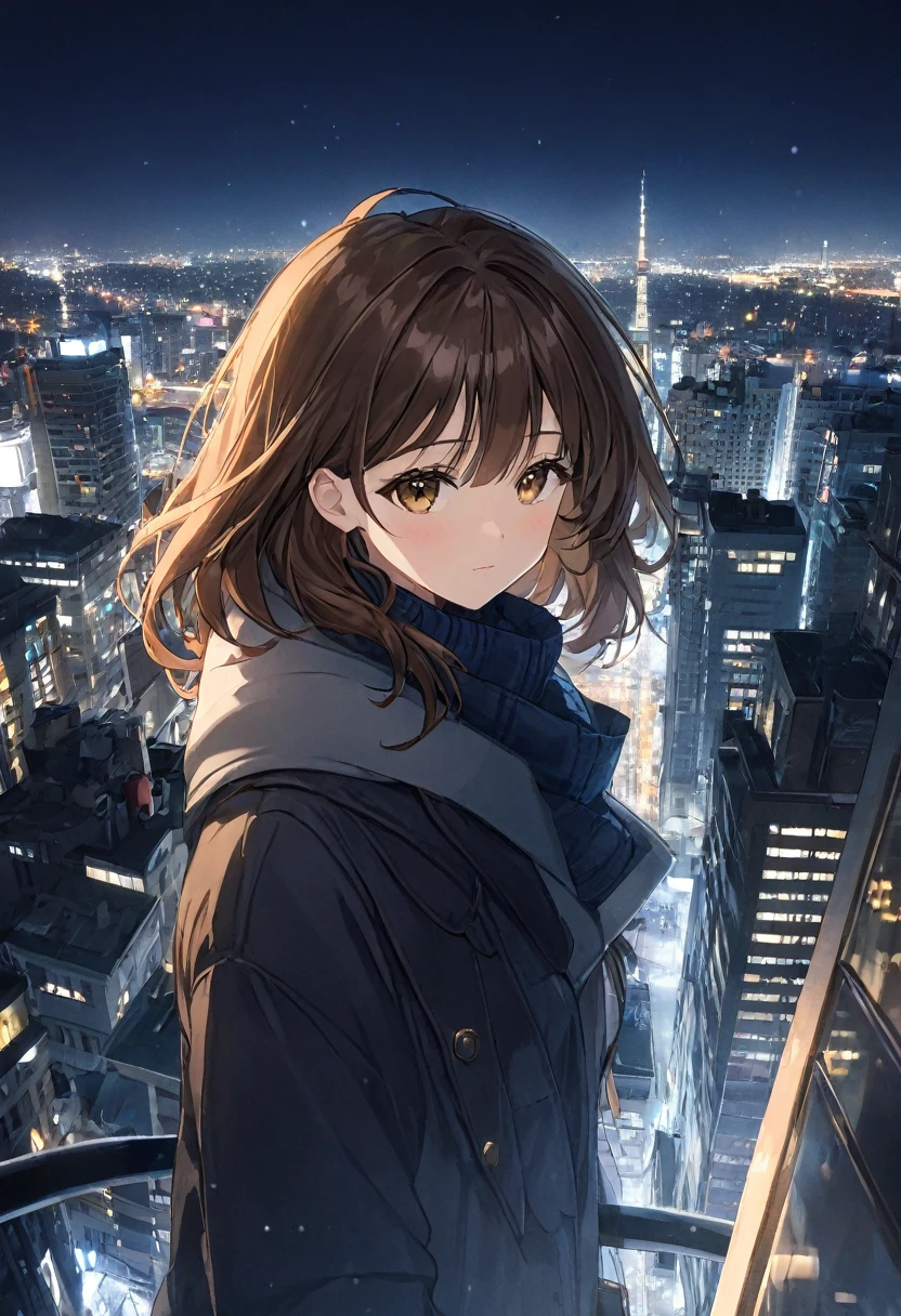 Woman.Brown hair and hazel eyes.She wears winter clothes.On top of a tall building.Night time 