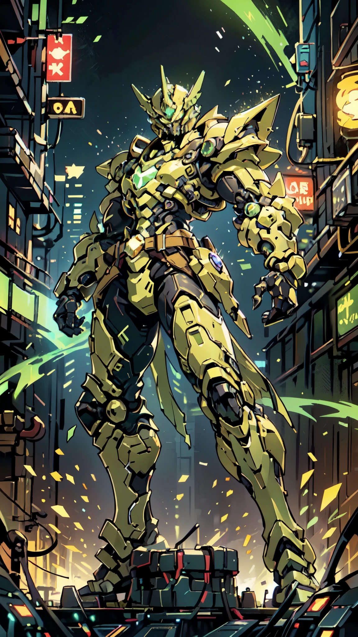 (masterpiece:1.5, best quality:1.?????tremely delicate:1.5, foreshortening:1.5, dynamic angle:1.5), a man wearing a full-face helmet, a fantasy-style biotech armored combat suit, green eyes, (a composite layered ????? armor), fully enclosed shoulder guards, matching arm and leg guards, the belt is adorned with neon circuitry, (the color scheme is primarily black with green white accents), the design balances heavy with agility, a high-tech bio-mecha armor, (Armor Concept Inspired by neon Cyberpunk, stand on the top of a skyscraper in a futuristic sci-fi city), this character embodies a finely crafted fantasy-surreal style armored hero in anime style, exquisite and mature manga art style, (element, plasma, energy, the armor glows), ((male:1.5)), metallic, high definition, highres, ultra-detailed, ultra-fine painting, professional, perfect body proportions, golden ratio, anatomically correct, symmetrical face, extremely detailed eyes and face, high quality eyes, creativity, RAW photo, UHD, 32k, Natural light, cinematic lighting, masterpiece-???????-perfect