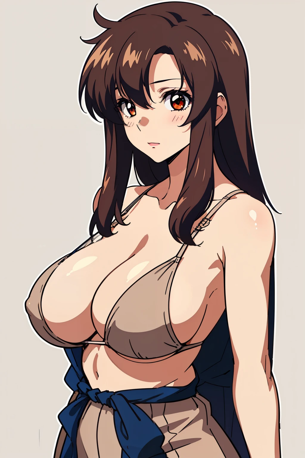 (beautiful detailed eyes:1.5, beautiful detailed face:1.2, beautiful detailed hair), Murrue Ramius, a woman, red eyes, blush, milf, wife, sexy, Curvy, (brown hair, long hair, bangs), (sagging large breasts:1.5), (chemise:1.5, no bra), arms behind back, upper body, standing, (Perfect detailed Anatomy, beautiful detailed hair, perfect female body:1.2, shiny skin), (thick outline, Beautiful outlines, black outlines), simple background:1.5