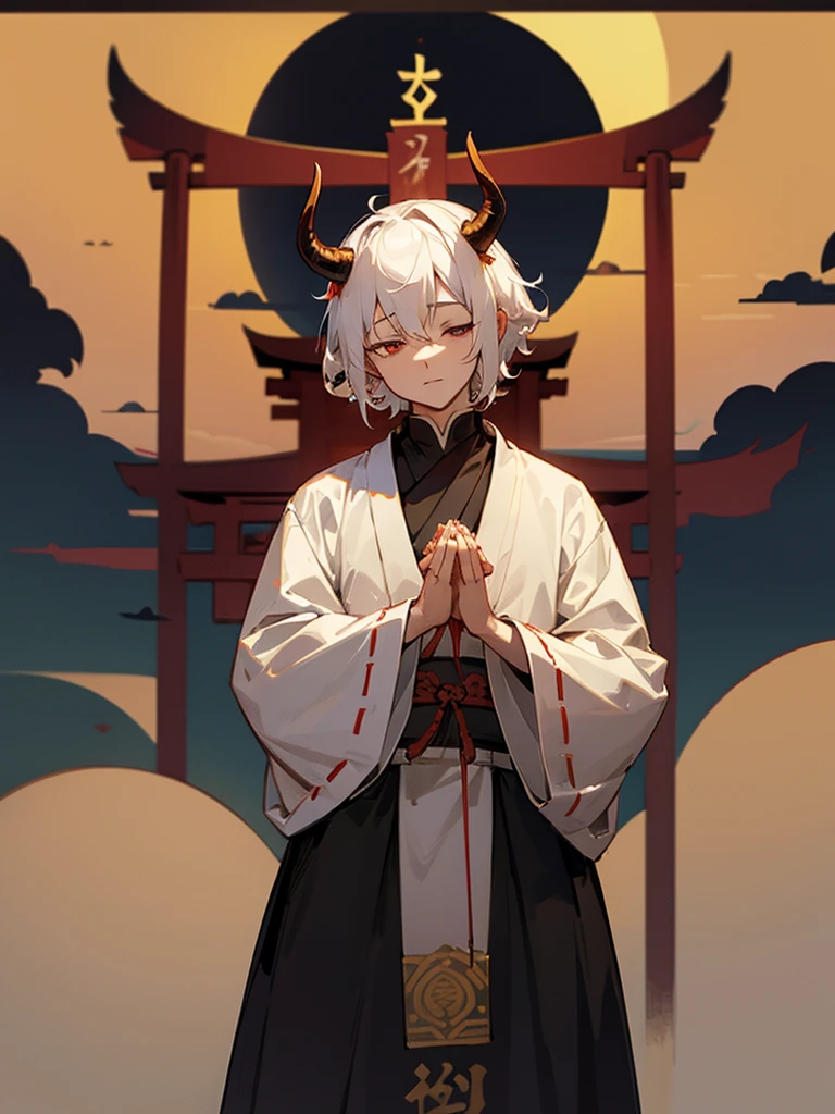 Buddha, horns, white short hair, curly hair, black armor, torii gate, man, full moon, hands together in prayer, zazen, evil eye