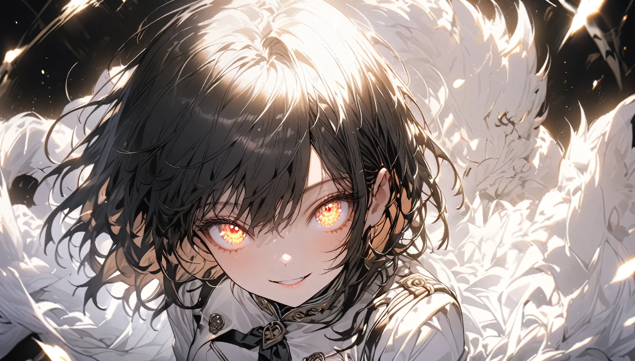 whole body, White one-piece military uniform, Jet black hair,(Tabletop:1.2, highest quality), (Beautiful, detailed eyes: 1.2), (Beautifully detailed face), High Contrast, (Best lighting, Very delicate and beautiful), ((Cinematic Light)), dramatic light, Intricate details,Dark orange eyes, Shining Eyes,low length, Small breasts、Belt under the chest、White military uniform, White Skirt,Blonde, Black tie, (Pale white background:1.5), Wolf Cut Hair, accurate needle, look at me and smile, unreddish skin, shortcut, Looking up,