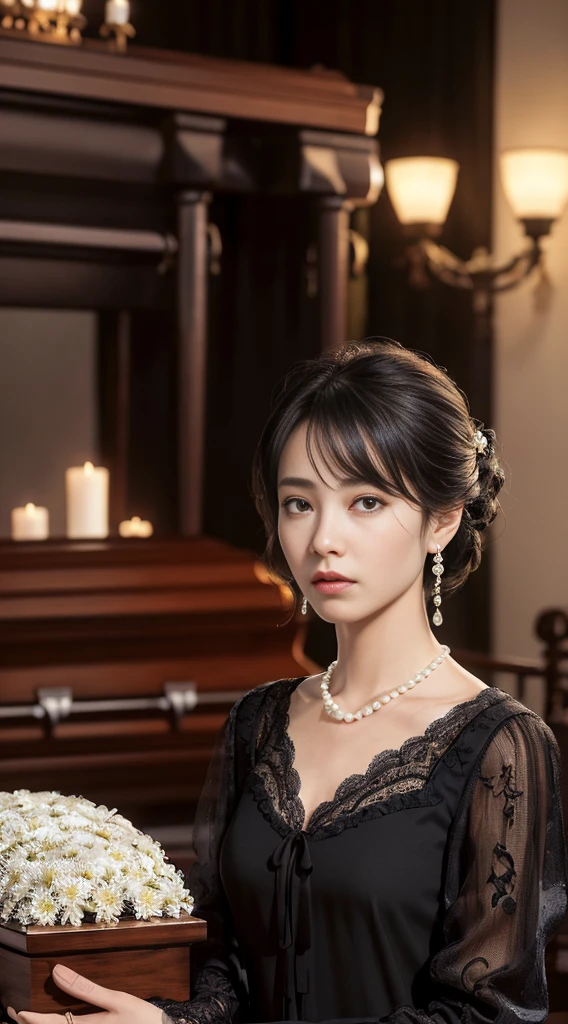Cowboy Shot、(Updo with bangs)、straggling hair、Black Hair、(Hanging Hair)、((widow))、((mourning dress))、((((Black long sleeve mourning clothes))))、(((Japanese-style room)))、((((Funeral))))、Black formal wear、Highest quality,(RAW Photos:1.2)、(Realistic:1.4),(High resolution:1.4), 1 Girl, Written boundary depth,, Exquisitely crafted,8K, Very detailed, Perfect lighting, Spectacular Background、((Delicate painting))，(女の子の詳細なRAW Photos),(Highest quality:1.6), (超High resolution:1.5), (Realistic:1.75), 8K resolution, Canon EOS R5, 50mm,  Very detailedな,Cinema Lighting,Correct finger、sit、Pearl Necklace、Pearl Earrings、(Clothing that covers the chest)、((There is a coffin))、((Minimally revealing clothing))、(The altar is decorated with a bouquet of chrysanthemums.)、candlestick、