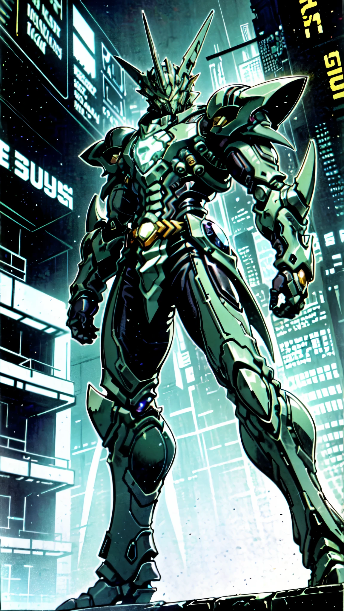 (masterpiece:1.5, best quality:1.5, extremely delicate:1.5, foreshortening:1.5, dynamic angle:1.5), a man wearing a full-face helmet, a fantasy-style biotech armored combat suit, green eyes, (a composite layered chest armor), fully enclosed shoulder guards, matching arm and leg guards, the belt is adorned with neon circuitry, (the color scheme is primarily black with green white accents), the design balances heavy with agility, a high-tech bio-mecha armor, (Armor Concept Inspired by neon Cyberpunk, stand on the top of a skyscraper in a futuristic sci-fi city), this character embodies a finely crafted fantasy-surreal style armored hero in anime style, exquisite and mature manga art style, (element, plasma, energy, the armor glows), ((male:1.5)), metallic, high definition, highres, ultra-detailed, ultra-fine painting, professional, perfect body proportions, golden ratio, anatomically correct, symmetrical face, extremely detailed eyes and face, high quality eyes, creativity, RAW photo, UHD, 32k, Natural light, cinematic lighting, masterpiece-anatomy-perfect