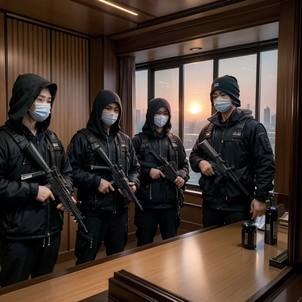 A stunningly realistic photo-realistic scene of a Chinese gang performing a heist at a Dubai bank during sunset. The gang members, all wearing ski masks, are armed with various firearms and are moving with precision. The luxurious bank interior is adorned with dark wood and glass elements. The exterior of the building is illuminated by warm, volumetric lighting, and the clear, sunset sky is painted in a beautiful blend of oranges and pinks. This 16k, ultra-high-resolution image captures the essence of high-stakes action, with every detail, from the gang's attire to the intricate bank interior, showcased in stunning clarity.