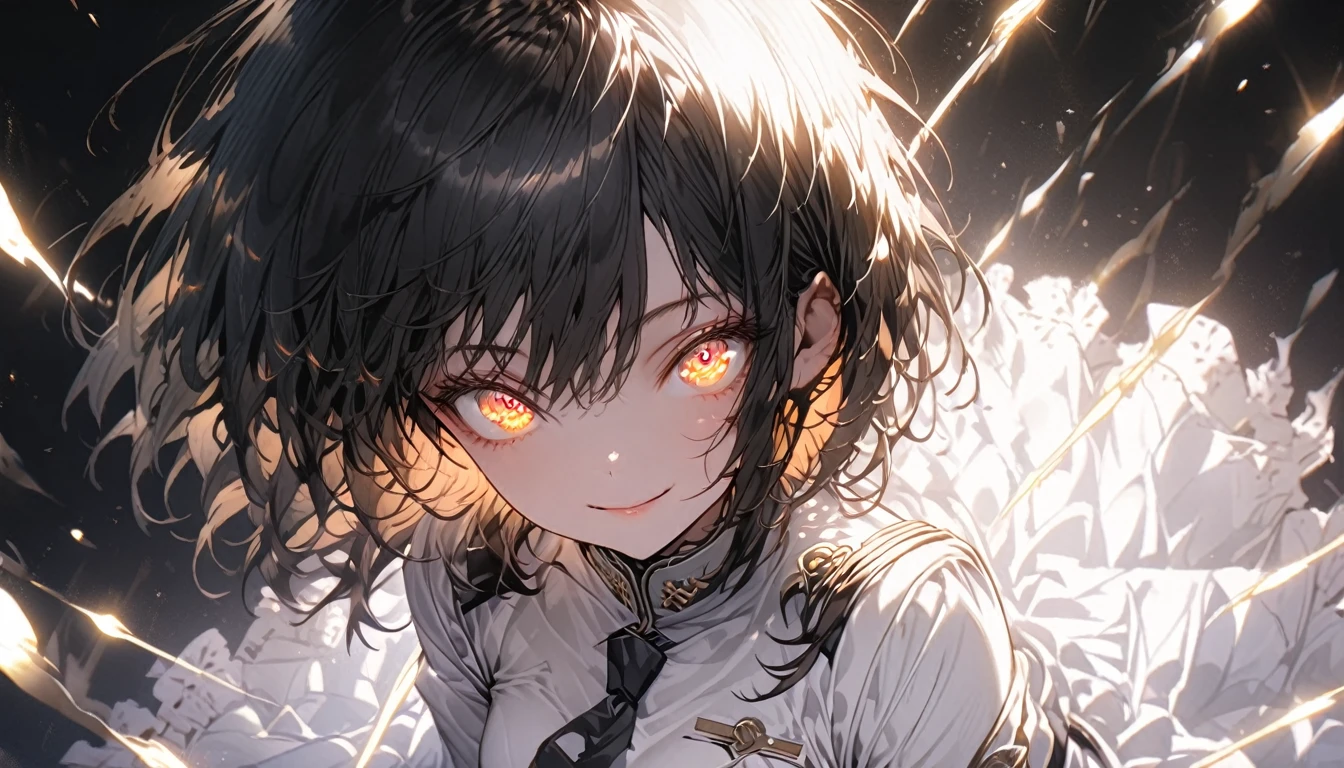 whole body, White one-piece military uniform, Jet black hair,(Tabletop:1.2, highest quality), (Beautiful, detailed eyes: 1.2), (Beautifully detailed face), High Contrast, (Best lighting, Very delicate and beautiful), ((Cinematic Light)), dramatic light, Intricate details,Dark orange eyes, Shining Eyes,low length, Small breasts、Belt under the chest、White military uniform, White Skirt,Blonde, Black tie, (Pale white background:1.5), Wolf Cut Hair, accurate needle, look at me and smile, unreddish skin, shortcut, Looking up,