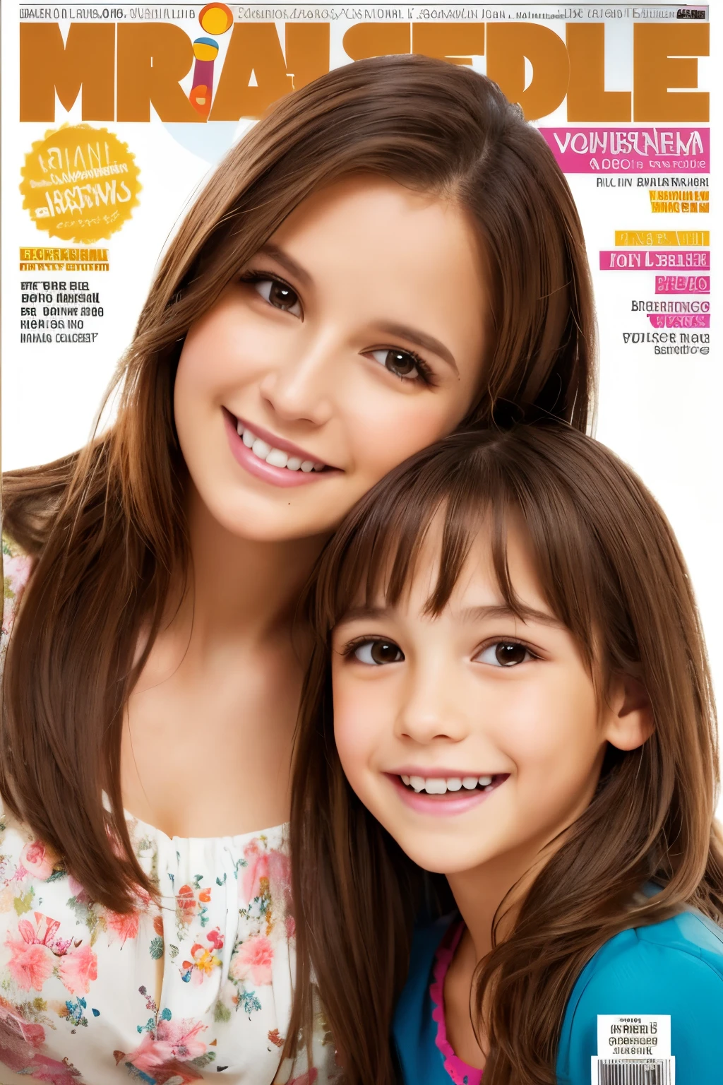 A mother and  daughter brown hair brown eyes on a magazine cover, vibrant colors, high-resolution, realistic portrayal, fashion-forward, loving bond, trendy attire, captivating smiles, natural beauty, professional lighting, contemporary style, artistic compositio