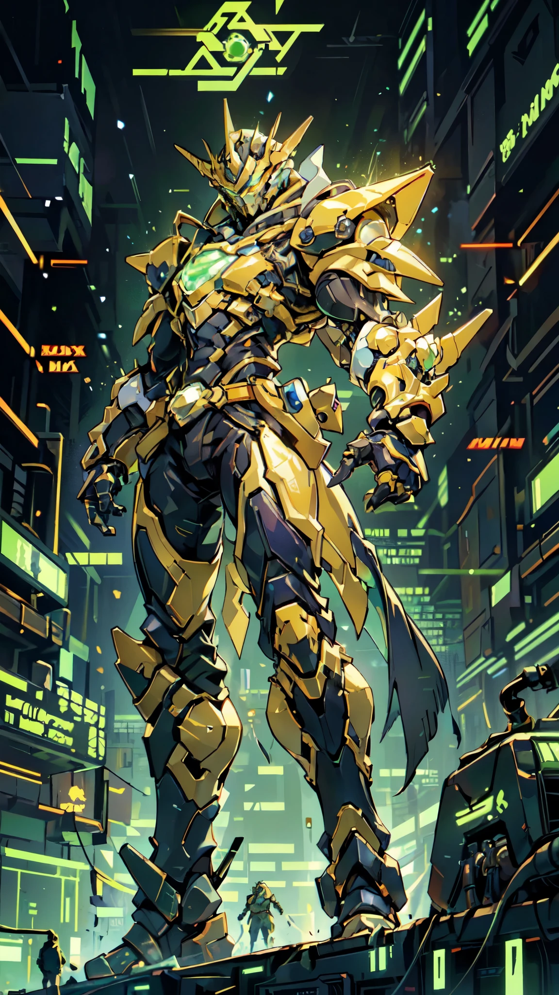 (masterpiece:1.5, best quality:1.5, extremely delicate:1.5, foreshortening:1.5, dynamic angle:1.5), a man wearing a full-face helmet, a fantasy-style biotech armored combat suit, green eyes, (a composite layered chest armor), fully enclosed shoulder guards, matching arm and leg guards, the belt is adorned with neon circuitry, (the color scheme is primarily black with green white accents), the design balances heavy with agility, a high-tech bio-mecha armor, (Armor Concept Inspired by neon Cyberpunk, stand on the top of a skyscraper in a futuristic sci-fi city), this character embodies a finely crafted fantasy-surreal style armored hero in anime style, exquisite and mature manga art style, (element, plasma, energy, the armor glows), ((male:1.5)), metallic, high definition, highres, ultra-detailed, ultra-fine painting, professional, perfect body proportions, golden ratio, anatomically correct, symmetrical face, extremely detailed eyes and face, high quality eyes, creativity, RAW photo, UHD, 32k, Natural light, cinematic lighting, masterpiece-anatomy-perfect