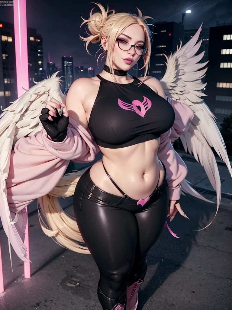 morrigan_Aensland, beautiful face, pink eyes, Loving eyes, devil, together, strict face, evil smile,realisticlying，22yo girl，Blonde short、big body,  lace black ,perfect eyes, hair bunches、very very long hair, ultradetailed hair, body nylon ,  enlarged、 big body, blonde, woman 1.90 CM,ponytail, ((hair over eyes)),perfect mouth, massive big bounce oppai, WET SKIN, (masterpiece, best quality:1.2), 1girl, solo, city background, haze \(fortnite\), Harpy Haze From fortnite, 1girl, earrings, glasses, hat, jewelry, lips, long hair, looking at viewer, makeup, nail polish, pink eyes, pink hair, pink nails, smile, sunglasses, tinted eyewear, belt, black pants, crop top, eyeshadow, midriff, navel, pants, choker, fingernails, round eyewear, sharp fingernails, standing, black feathers, black headwear, hoop earrings, horned headwear, horns, denim, winged arms, feather trim, star \(symbol\), elbow gloves, dark pink lips, feathers, heels, shoes, angel wings, bangle, black wings, crop top overhang, feathered wings, harpy, low wings, multicolored hair, multicolored wings, pink wings, wings, fingerless gloves, shirt, long fingernails, boater hat, bootcut pants, leather pants, sleeves, black sleeves, ((, )), 28-year-old student in a T-shirt without a print, (tight sports dress), will be on the street with her back turned, beautiful detailed eyes. , light face, lined eyes, (Full body photo from the back), (blonde hair with pigtails), shapely , wears glasses, sunny day.
