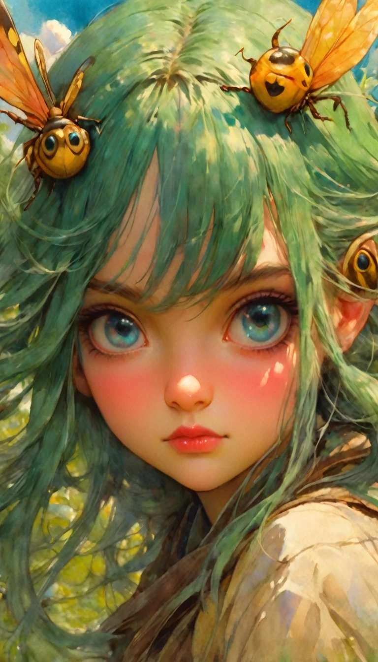 (((beautiful detailed)))(cute face:1.2)1girl, Girl riding a beetle , ,masterpiece, best quality, ultra detailed, (Sheila_LaPerna), long hair, turquoise_green hair, Pink detailed eyes, Huge eyes, beautiful, ,Watercolor style, watercolor pencil, paper texture, Blue sky, cumulonimbus clouds, sun, forest, (art inspired by Bill Sienkiewicz). oil painting)