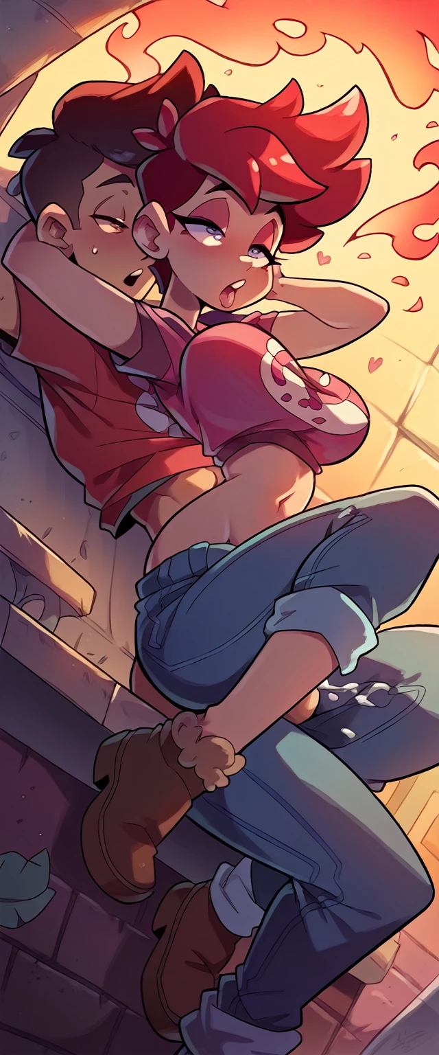 A sexy girl, beautiful action, big breast, dark red hair, cut her eye, pink eyelash, fire red, wears black short sleeve top, shows navel, sexy curve, and a pair of denim pants, brown shoe, sex, uterus