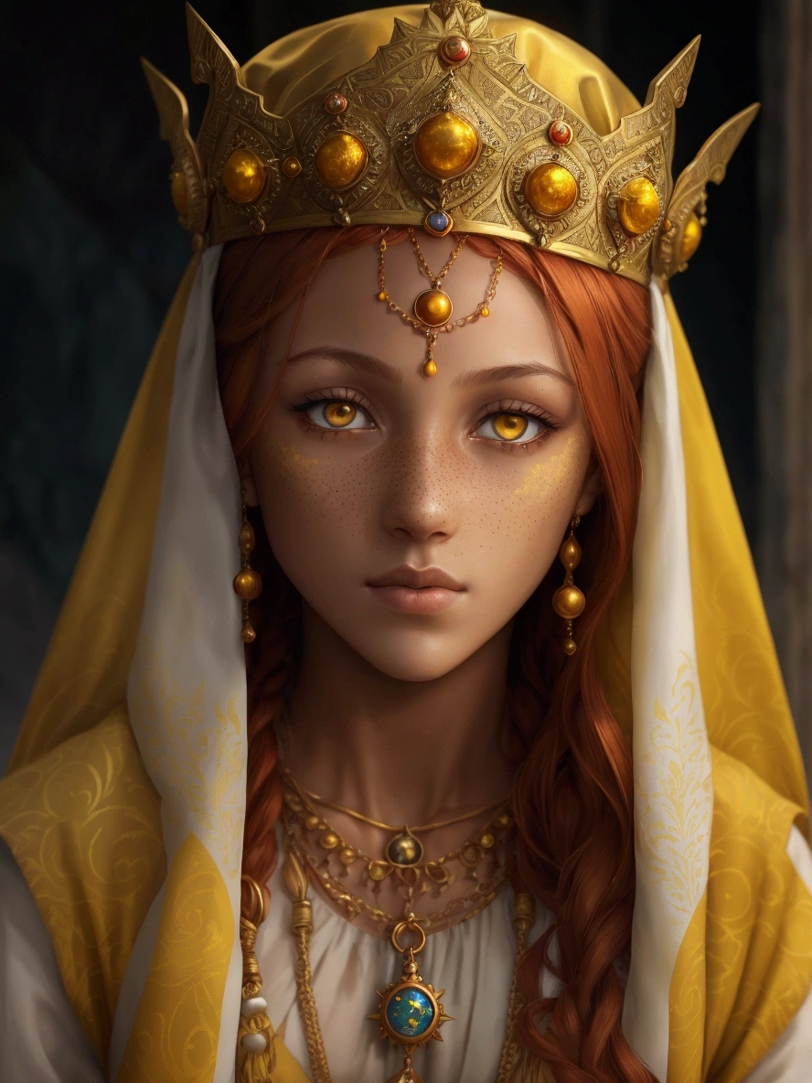 an incredibly beautiful 18-year-old sultan woman with copper-red hair, (((aquiline face))) and (((yellow eyes))), a ((tanned skin)) and with a short and thin body, with many freckles on her face, she dresses in a rich long silk spacey pants, and uses a golden crown in a format of eight suns and six pendants of suns falling on the face