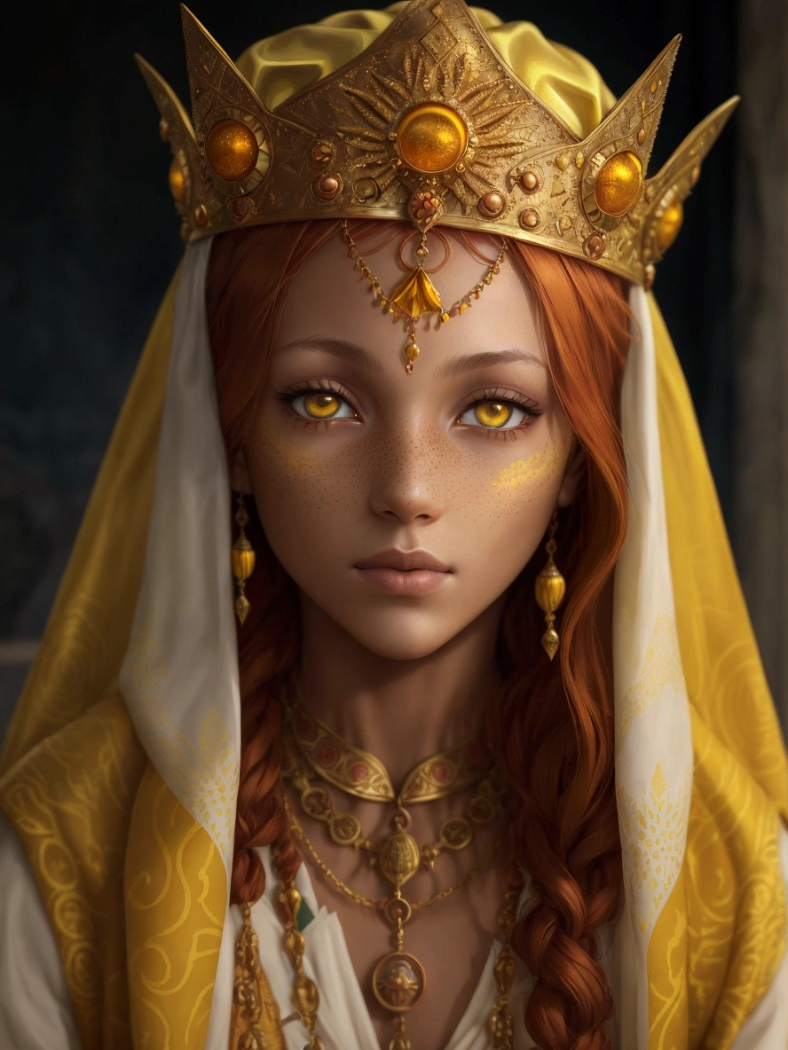 an incredibly beautiful 18-year-old sultan woman with copper-red hair, (((aquiline face))) and (((yellow eyes))), a ((tanned skin)) and with a short and thin body, with many freckles on her face, she dresses in a rich long silk spacey pants, and uses a golden crown in a format of eight suns and six pendants of suns falling on the face