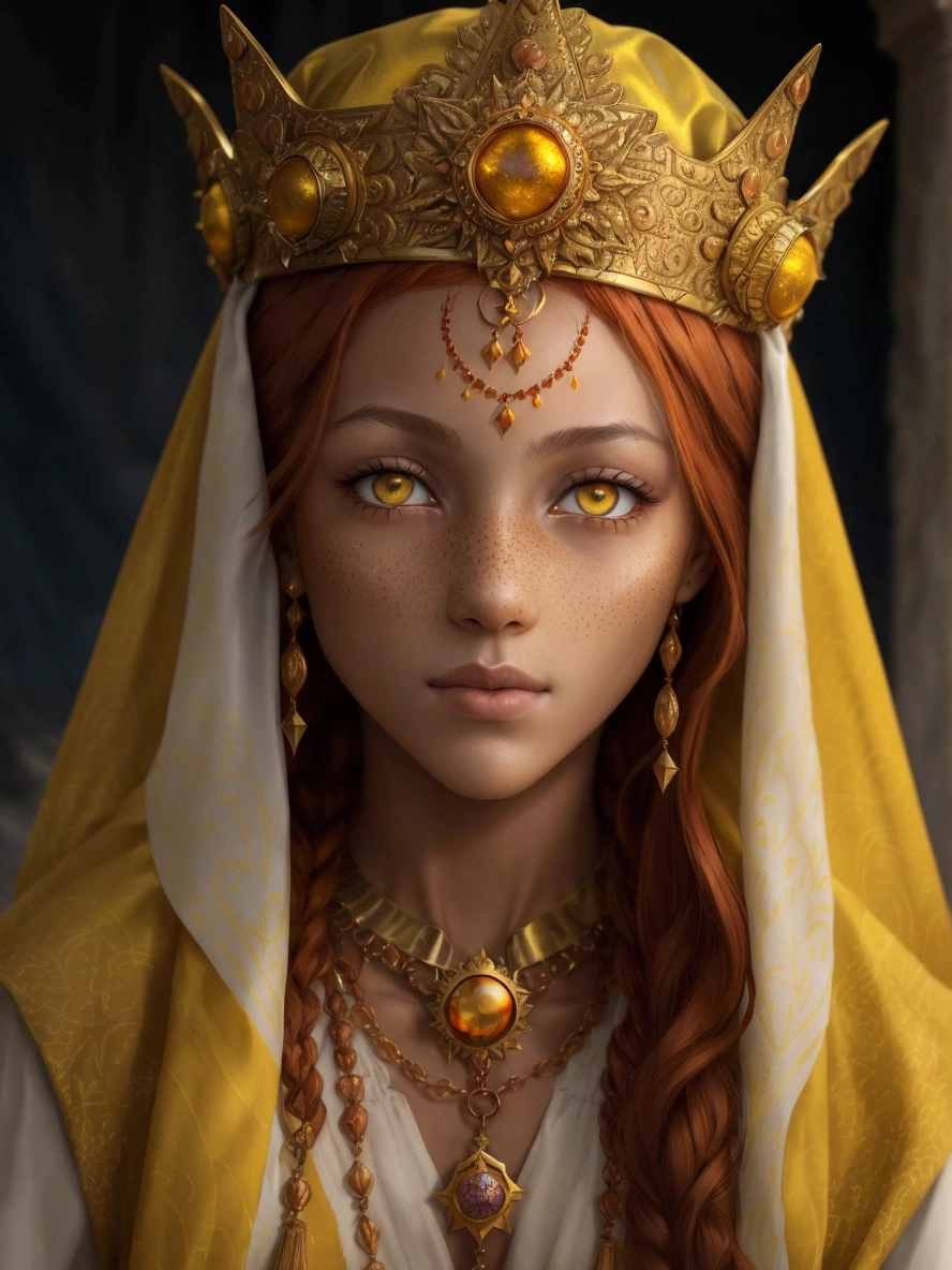 an incredibly beautiful 18-year-old sultan woman with copper-red hair, (((aquiline face))) and (((yellow eyes))), a ((tanned skin)) and with a short and thin body, with many freckles on her face, she dresses in a rich long silk spacey pants, and uses a golden crown in a format of eight suns and six pendants of suns falling on the face
