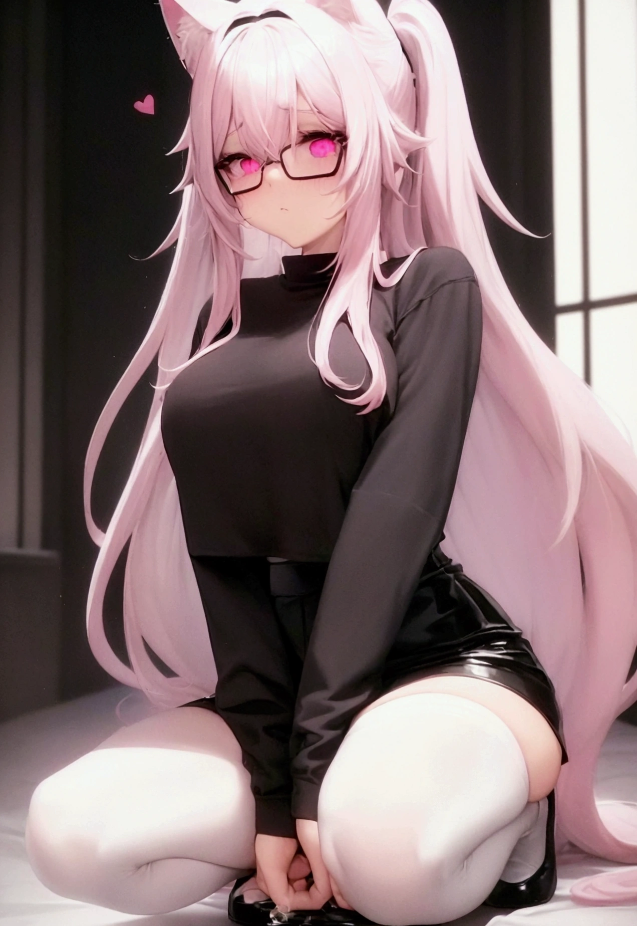 I have white pink hair, cat ears, A good, my face is super red, black glasses, pink heart eyes, a big pink sweatshirt, a black skirt, black stockings, White shoes, A cat's cola, a woman. Very shy in his bed on his knees, his bubbles grab you