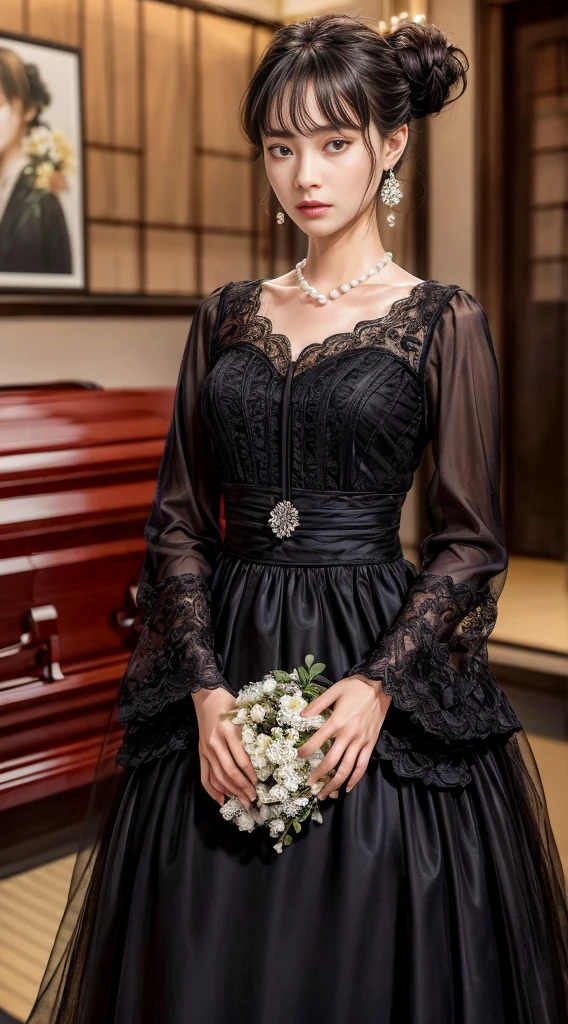 Cowboy Shot、(Updo with bangs)、straggling hair、Black Hair、(Hanging Hair)、((widow))、((mourning dress))、((((Black long sleeve mourning clothes))))、(((Japanese-style room)))、((((Funeral))))、Black formal wear、Highest quality,(RAW Photos:1.2)、(Realistic:1.4),(High resolution:1.4), 1 Girl, Written boundary depth,, Exquisitely crafted,8K, Very detailed, Perfect lighting, Spectacular Background、((Delicate painting)),(女の子の詳細なRAW Photos),(Highest quality:1.6), (超High resolution:1.5), (Realistic:1.75), 8K resolution, Canon EOS R5, 50mm, Very detailedな,Cinema Lighting,Correct finger、sit、Pearl Necklace、Pearl Earrings、(Clothing that covers the chest)、((There is a coffin))、((Minimally revealing clothing))、(The altar is decorated with a bouquet of chrysanthemums.)、candlestick、