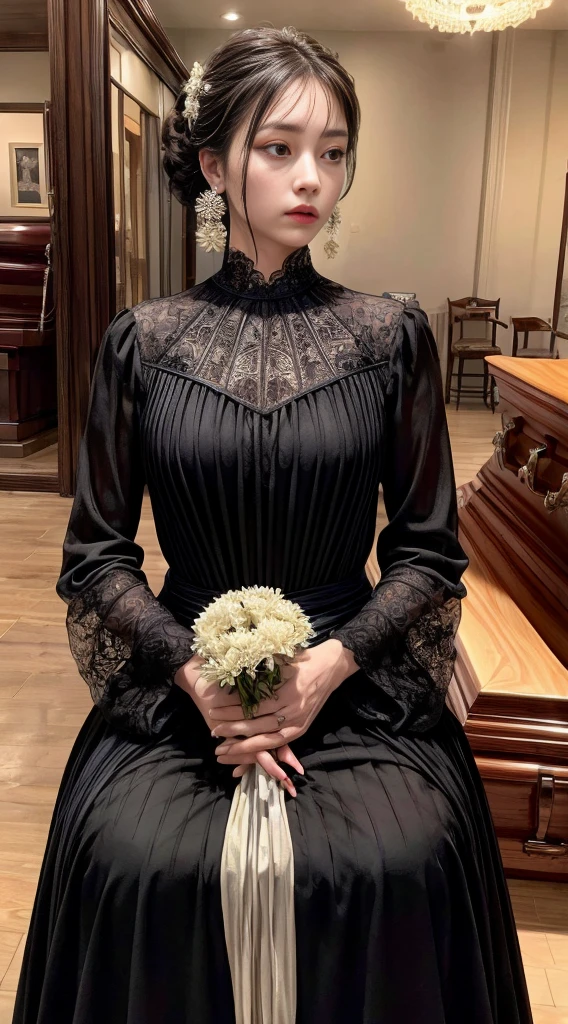 Cowboy Shot、(Updo with bangs)、straggling hair、Black Hair、(Hanging Hair)、((widow))、((mourning dress))、((((Black long sleeve mourning clothes))))、(((Japanese-style room)))、((((Funeral))))、Black formal wear、Highest quality,(RAW Photos:1.2)、(Realistic:1.4),(High resolution:1.4), 1 Girl, Written boundary depth,, Exquisitely crafted,8K, Very detailed, Perfect lighting, Spectacular Background、((Delicate painting)),(の詳細なRAW Photos),(Highest quality:1.6), (超High resolution:1.5), (Realistic:1.75), 8K resolution, Canon EOS R5, 50mm, Very detailedな,Cinema Lighting,Correct finger、sit、Pearl Necklace、Pearl Earrings、(Clothing that covers the chest)、((There is a coffin))、((Minimally revealing clothing))、(The altar is decorated with a bouquet of chrysanthemums.)、candlestick、