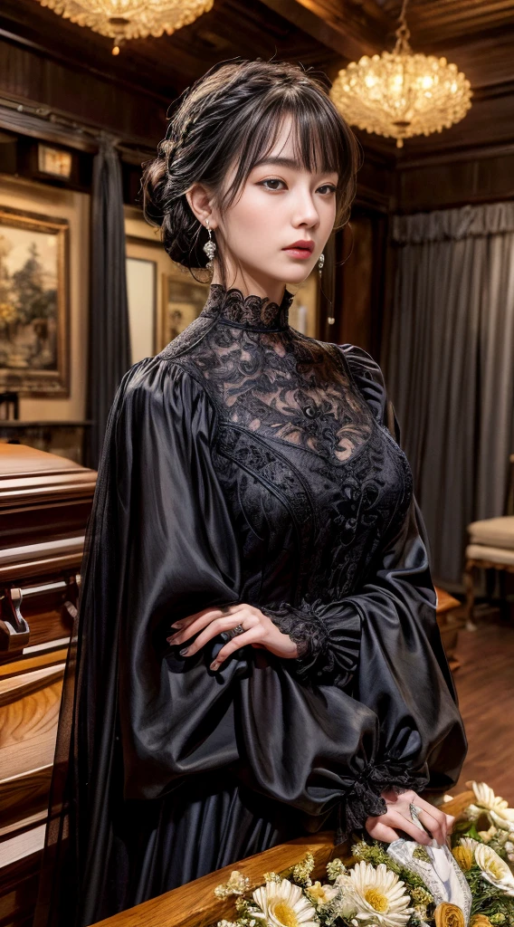 Cowboy Shot、(Updo with bangs)、straggling hair、Black Hair、(Hanging Hair)、((widow))、((mourning dress))、((((Black long sleeve mourning clothes))))、(((Japanese-style room)))、((((Funeral))))、Black formal wear、Highest quality,(RAW Photos:1.2)、(Realistic:1.4),(High resolution:1.4), 1 Girl, Written boundary depth,, Exquisitely crafted,8K, Very detailed, Perfect lighting, Spectacular Background、((Delicate painting)),(の詳細なRAW Photos),(Highest quality:1.6), (超High resolution:1.5), (Realistic:1.75), 8K resolution, Canon EOS R5, 50mm, Very detailedな,Cinema Lighting,Correct finger、sit、Pearl Necklace、Pearl Earrings、(Clothing that covers the chest)、((There is a coffin))、((Minimally revealing clothing))、(The altar is decorated with a bouquet of chrysanthemums.)、candlestick、