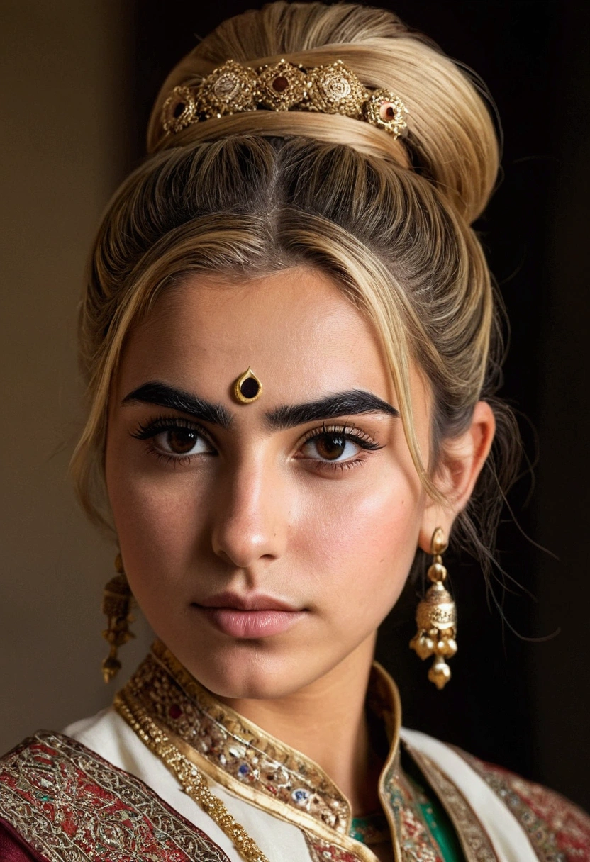 Bun hair blonde thick eyebrows kurdish girl