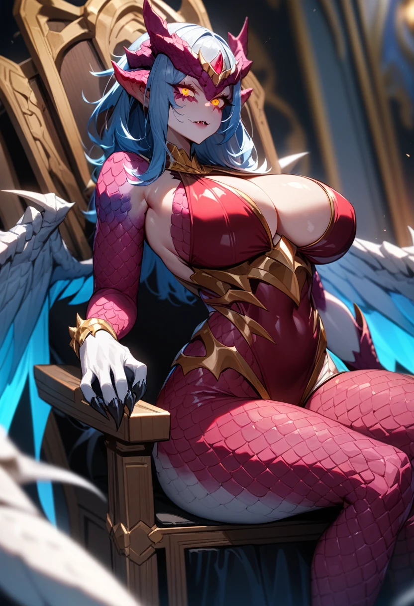 1girl,solo,super detailed skin,shiny skin,expressionless,majestic wings, claws, scaly skin,dragon skin,glowing eyes,reptilian eyes,eyelashes,lips gloss,fangs ,large breasts,beautifully shaped breasts,vibrant colors ,sitting on throne ,masterpiece,best quality,ultra detailed,high resolution,sharp focus,depth of field,
