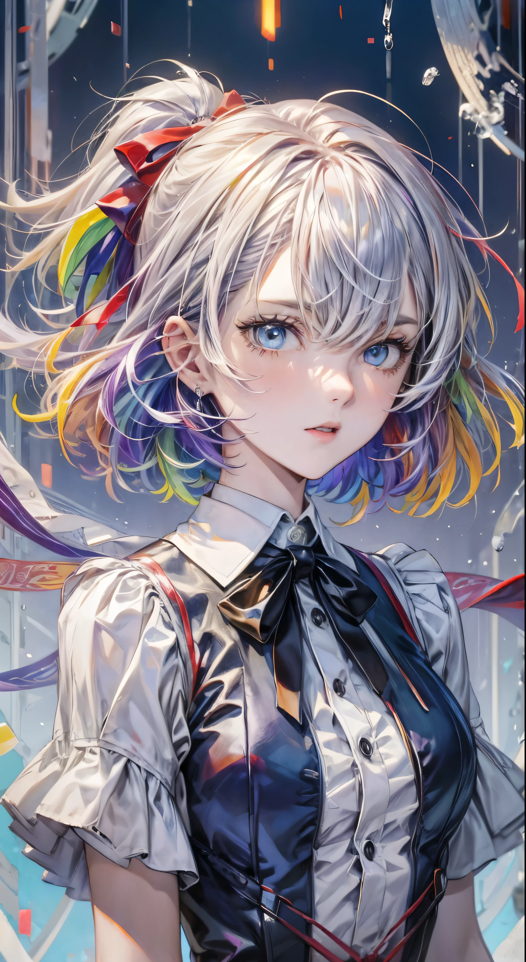 1.5),(1 girl),(dynamic pose),(multicolored hair+silver hair:1.3+red hair:1.2+purple hair+yellow hair:1.3+green hair:1.3),(blue eyes),(neck ribbon),(floating),(cloud),(too many drops of water),(twilight),(watercolor),(wide shot)