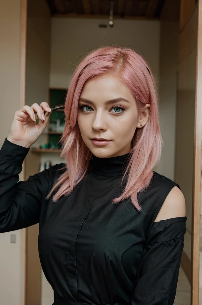 a woman with pink hair and green eyes wearing a black blouse