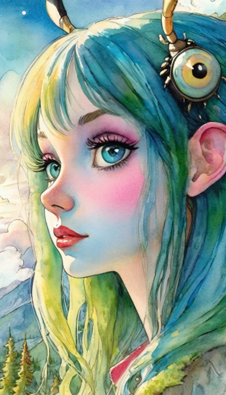 (((beautiful detailed)))(cute face:1.2)1girl, Girl riding a beetle , ,masterpiece, best quality, ultra detailed, (Sheila_LaPerna), long hair, turquoise_green hair, Pink detailed eyes, Huge eyes, beautiful, ,Watercolor style, watercolor pencil, paper texture, Blue sky, cumulonimbus clouds, sun, forest, (art inspired by Bill Sienkiewicz). oil painting)