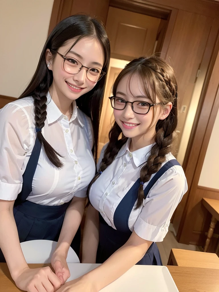 Highest quality、masterpiece、、Very detailed、Realistic、(Two Girls)、(Looking at me with a smile:1.5)、whole body、Small face、(Slender:1.2)、(Big Breasts)、Glasses、(Waitress Uniform)、Braid、Erect nipples、(Anna Miller's uniform:1.2)、apron、(She spreads her panties with both hands and shows them off.:1.4)