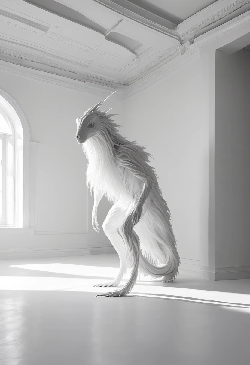 Create a mysterious creature, in white, gray, make it look really really weird weird, in a white room it should be small like 40% of the whole image