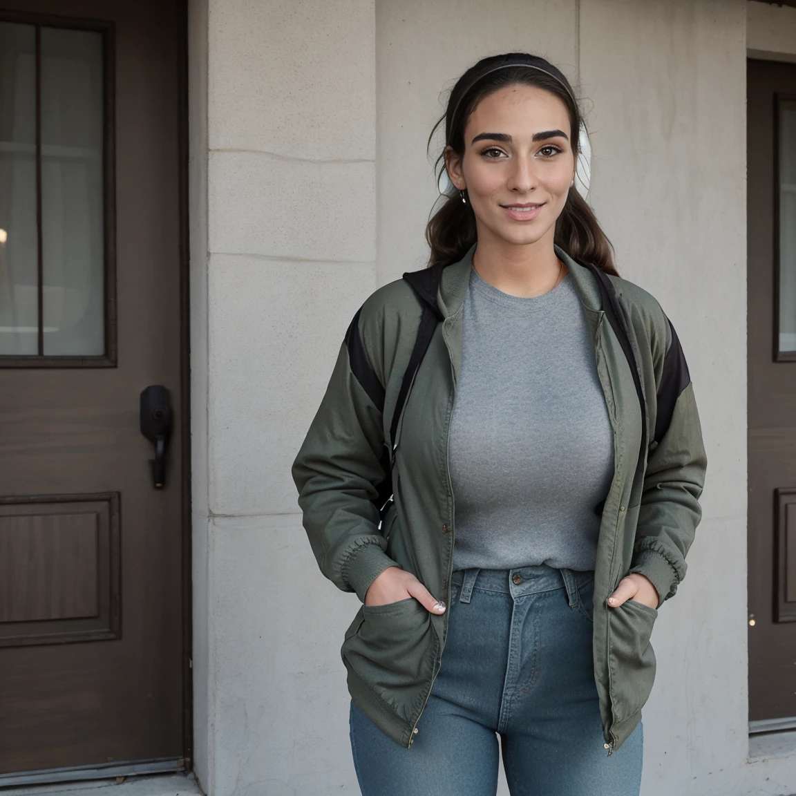 Extremely busty thin and toned brunette photographer, college girl, fair skin, loose ponytail, soft face, athletic, bandana babushka headwrap, tight olive green casual windbreaker, skinny jeans. standing in front of her apartment building, outdoors, city, camera bag, cleavage 