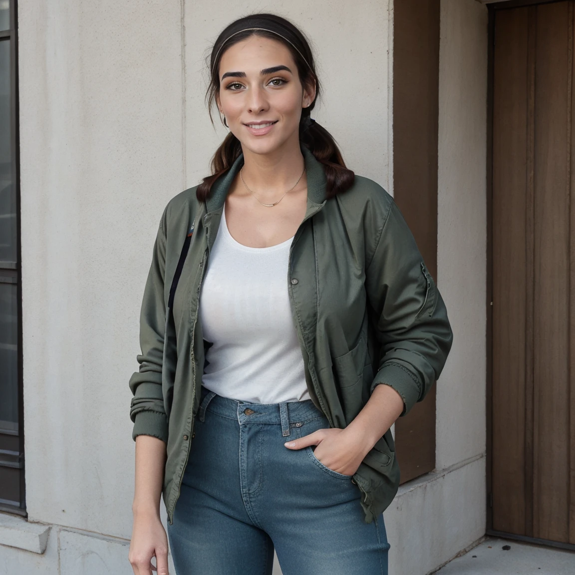 Extremely busty thin and toned brunette photographer, college girl, fair skin, loose ponytail, soft face, athletic, bandana babushka headwrap, tight olive green casual windbreaker, skinny jeans. standing in front of her apartment building, outdoors, city, camera bag, cleavage 