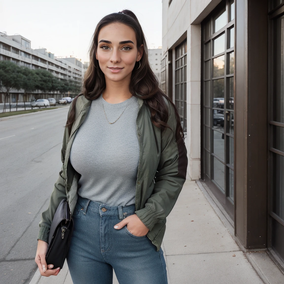 Extremely busty thin and toned brunette photographer, college girl, fair skin, loose ponytail, soft face, athletic, bandana babushka headwrap, tight olive green casual windbreaker, skinny jeans. standing in front of her apartment building, outdoors, city, camera bag, cleavage 