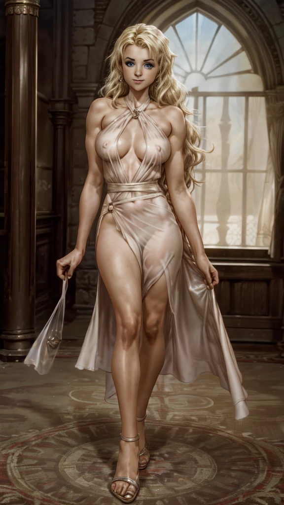 8k wallpaper, perfect lighting, masterpiece, very young slim fit girl, full height, rounded face, (disheveled long blond hair:1.3), (big blue eyes:1.3), smile, perfect medium breast, look at you, (a long, form-fitting transparent dress with a very large neckline and revealing breasts:1.2), accurate nipples, pelvic curtain, very long fit leg, 21thshirow, narrow hips, hold hands behind back, perfect hand, Luna Lovegood, 21thshirow