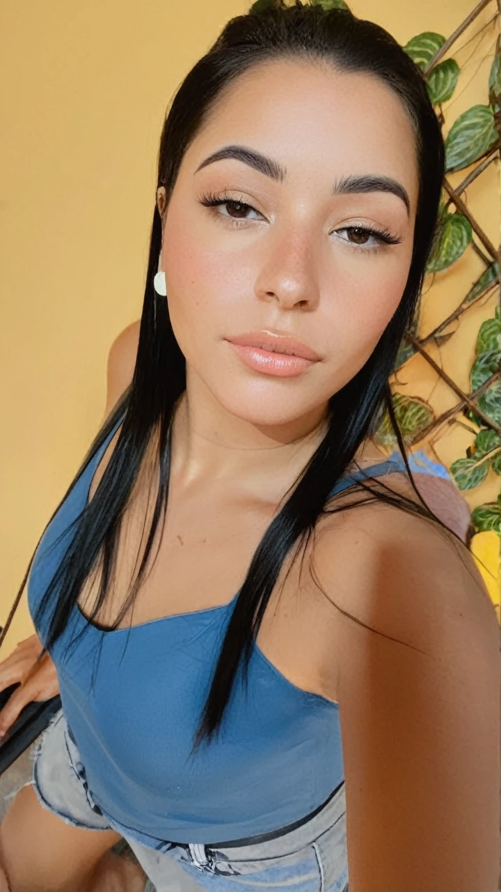 Une jeune femme cheveux noir long légèrement ondulé, de couleur châtain foncé. Les boucles sont bien définies , encadrant son visage avec une touche naturelle et vibrante.Peau Claire, avec un teint légèrement doré, caractéristique des régions ensoleillées de la colombie. Yeux : Clairs, de couleur maron ou noir ajoutant une touche captivante à son apparence. Visage : Forme ovale, avec des traits doux et harmonieux. Ses pommettes sont légèrement saillantes, et elle a un sourire craquant. Âge : Environ 18 ans, dégageant une aura de jeunesse et de vitalité et à l'apparence la plus réel que possible. Style : Vêtements décontractés mais sexy crop top corp entier. Elle doit etre le plus réel que possible et elle doit aussi etre tres hot pour onlyfan