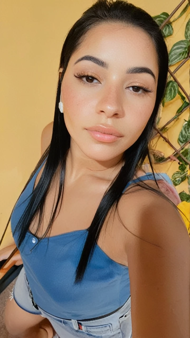 Une jeune femme cheveux noir long légèrement ondulé, de couleur châtain foncé. Les boucles sont bien définies , encadrant son visage avec une touche naturelle et vibrante.Peau Claire, avec un teint légèrement doré, caractéristique des régions ensoleillées de la colombie. Yeux : Clairs, de couleur maron ou noir ajoutant une touche captivante à son apparence. Visage : Forme ovale, avec des traits doux et harmonieux. Ses pommettes sont légèrement saillantes, et elle a un sourire craquant. Âge : Environ 18 ans, dégageant une aura de jeunesse et de vitalité et à l'apparence la plus réel que possible. Style : Vêtements décontractés mais sexy crop top corp entier. Elle doit etre le plus réel que possible et elle doit aussi etre tres hot pour onlyfan