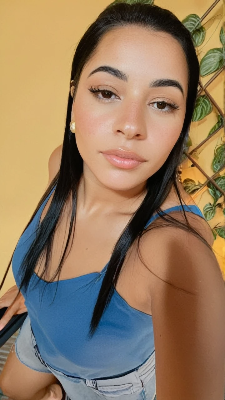 Une jeune femme cheveux noir long légèrement ondulé, de couleur châtain foncé. Les boucles sont bien définies , encadrant son visage avec une touche naturelle et vibrante.Peau Claire, avec un teint légèrement doré, caractéristique des régions ensoleillées de la colombie. Yeux : Clairs, de couleur maron ou noir ajoutant une touche captivante à son apparence. Visage : Forme ovale, avec des traits doux et harmonieux. Ses pommettes sont légèrement saillantes, et elle a un sourire craquant. Âge : Environ 18 ans, dégageant une aura de jeunesse et de vitalité et à l'apparence la plus réel que possible. Style : Vêtements décontractés mais sexy crop top corp entier. Elle doit etre le plus réel que possible et elle doit aussi etre tres hot pour onlyfan