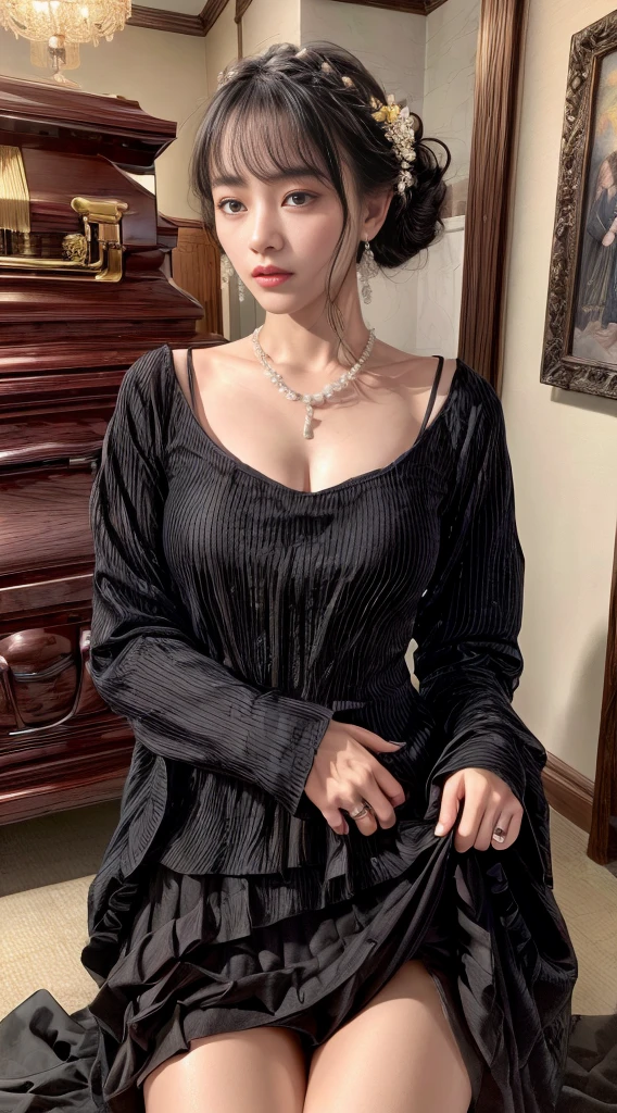 Cowboy Shot、(Updo with bangs)、straggling hair、Black Hair、(Hanging Hair)、((widow))、((mourning dress))、((((Black long sleeve mourning clothes))))、(((Japanese-style room)))、((((Funeral))))、Black formal wear、Highest quality,(RAW Photos:1.2)、(Realistic:1.4),(High resolution:1.4), 1 Girl, Written boundary depth,, Exquisitely crafted,8K, Very detailed, Perfect lighting, Spectacular Background、((Delicate painting)),(女の子の詳細なRAW Photos),(Highest quality:1.6), (超High resolution:1.5), (Realistic:1.75), 8K resolution, Canon EOS R5, 50mm, Very detailedな,Cinema Lighting,Correct finger、sit、((Spread your legs))、((((Skirt flip))))、Bright green panties、Pearl Necklace、Pearl Earrings、(Clothing that covers the chest)、((There is a coffin))、((Minimally revealing clothing))、(The altar is decorated with a bouquet of chrysanthemums..)、candlestick、